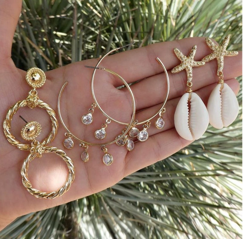 Wholesale  Summer Beach Shell Starfish Circle Alloy Rhinestone Earrings suit