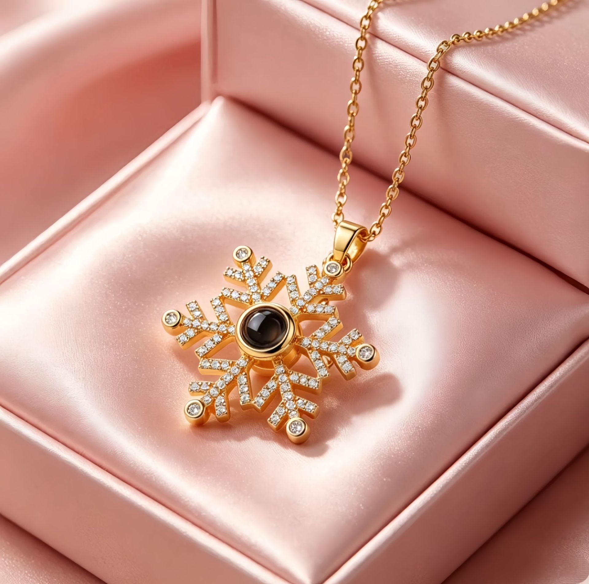 Wholesale Trendy Snowflake Projection Pendant Necklace in 100 Languages I Love You,  Copper Zirconia,  Gold Plated,  Boutique Resale Jewelry Accessory