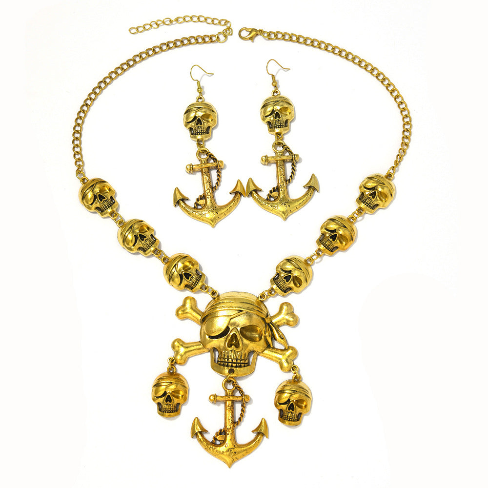 Wholesale Antique Gold Skull Punk Vintage  Jewelry Set Necklace Earrings Fashion Accessory
