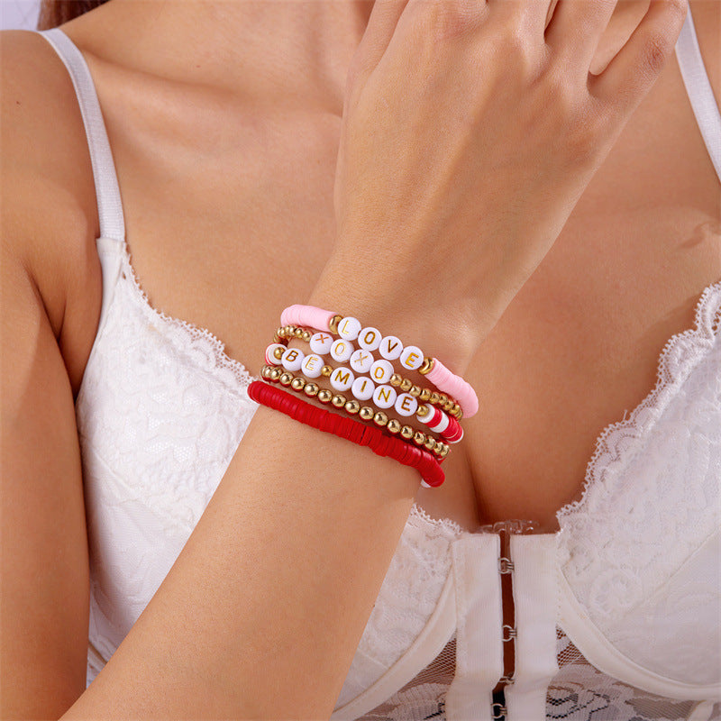 Wholesale Valentine's Day Multi-layer Pink Love Soft Ceramic Beaded Elastic Bracelet