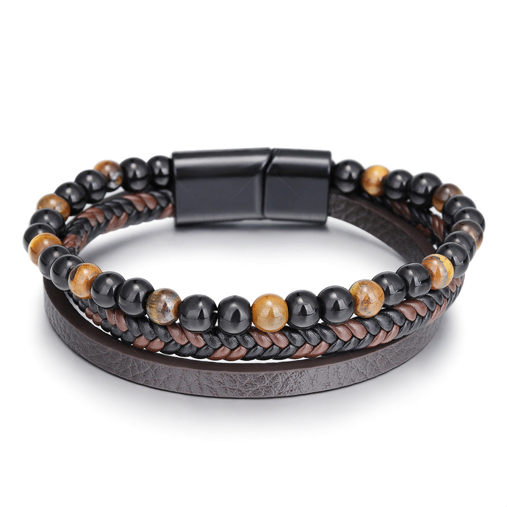 Wholesale Leather Natural Tiger Eye Stone Bracelet Handwoven Volcanic Stone Beaded Bracelet ACC-BT-ZiGe034
