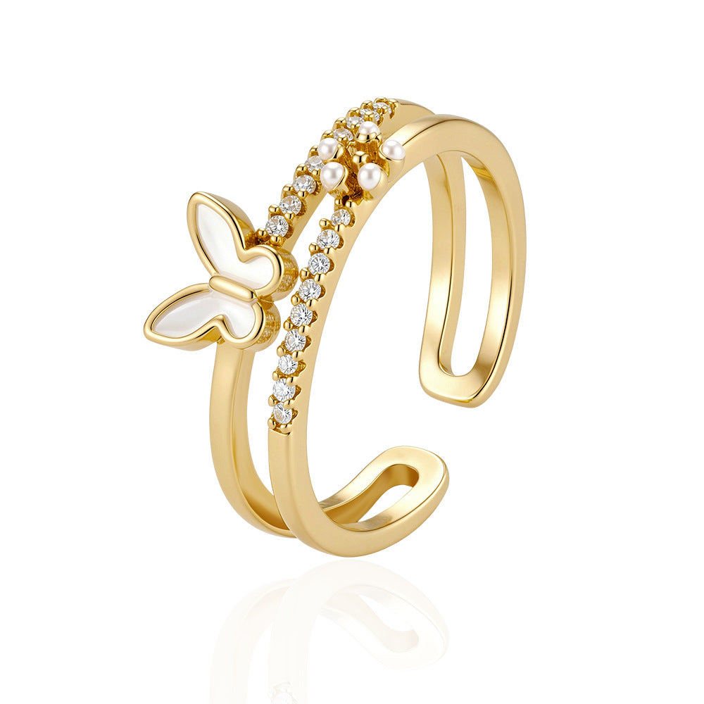 Wholesale Trendy Pearl Design Open Stacking Ring Copper Zircon Electroplated Jewelry For Women Everyday Chic Accessory