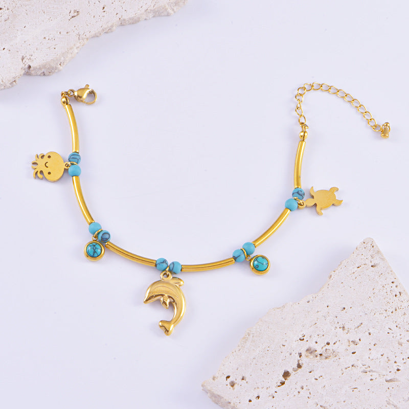 Wholesale Titanium Steel Vacation Ocean Style Bracelet Turquoise Shell Dolphin Bamboo Bracelet
