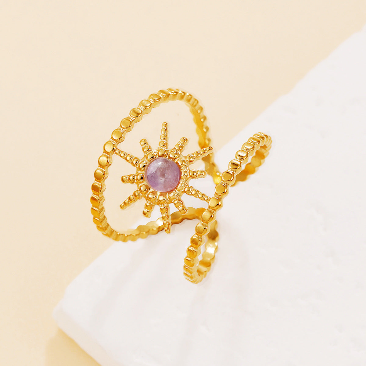 Wholesale Vintage Retro Openwork Star Stainless Steel Ring with Malachite Natural Stone Jewelry Accessory