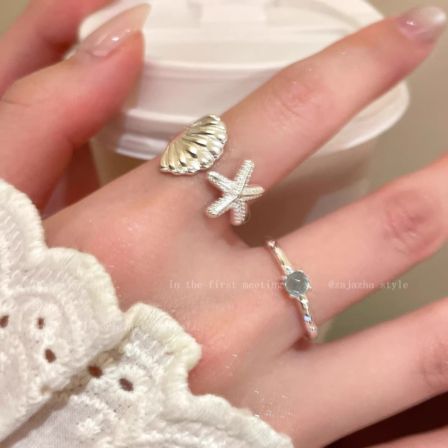 Wholesale Blue Starfish Seashell Open Ring for Women,  Trendy Coastal Vacation Style Copper Jewelry Accessory