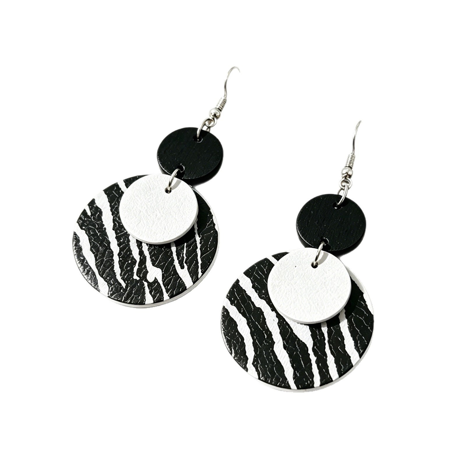 Wholesale Leather Earrings,  Black White Zebra Multi-Layered Round - Boutique Resale Jewelry Accessory