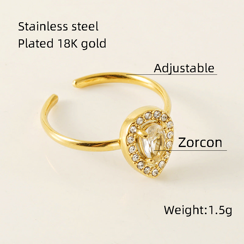 Wholesale Stainless Steel Rings Open Ring 18K Gold Drop Zircon Adjustable Rings ACC-RS-ZhongXin005