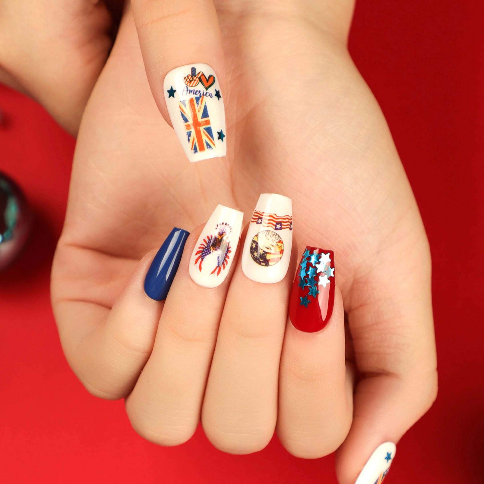 Wholesale 24 Pieces/box American Independence Day Short Wearable Press-on Nails Kits ACC-NS-LeFan007