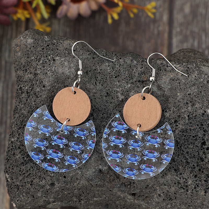 Wholesale small disc stitching crescent print crab acrylic earrings