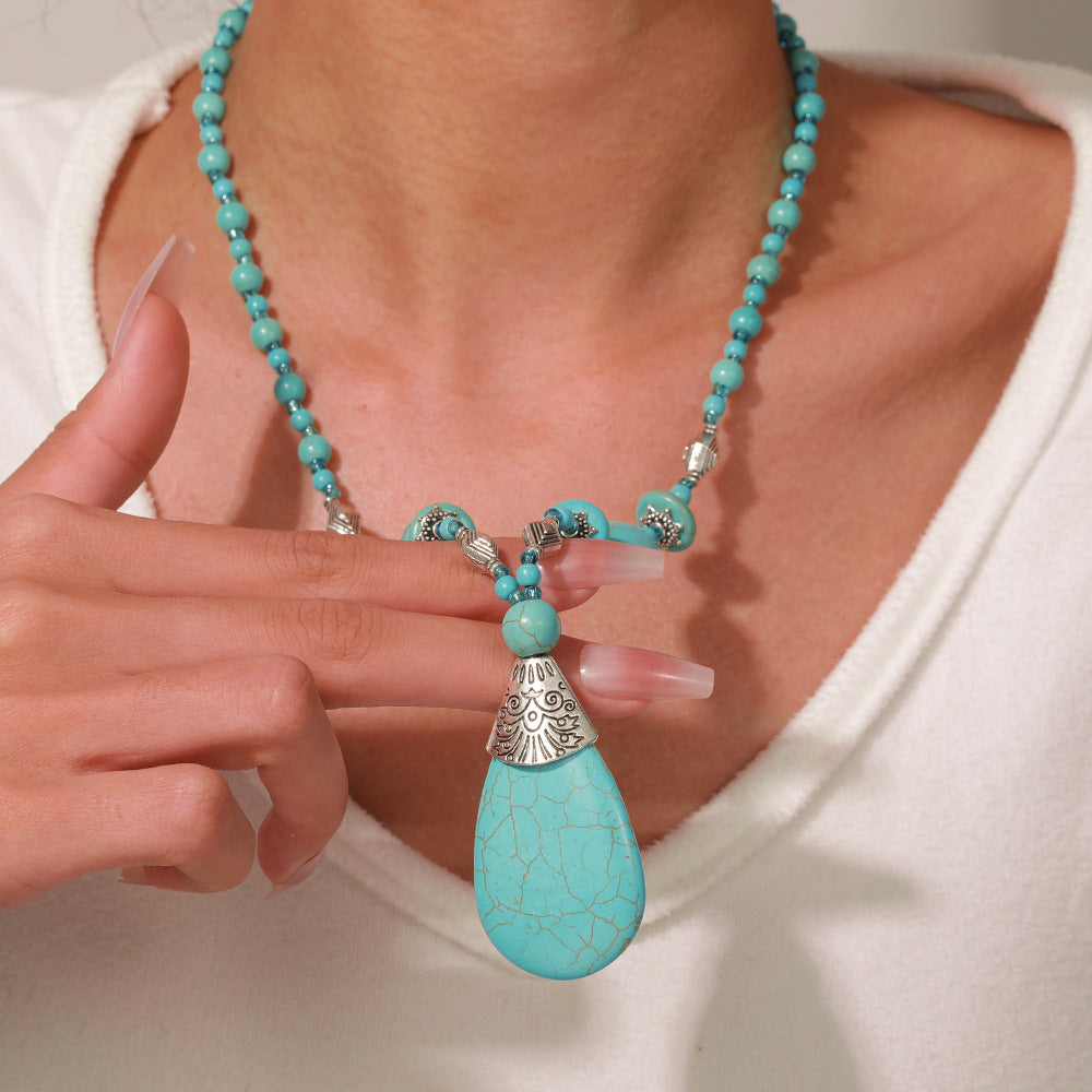 Wholesale Handmade Bohemian Turquoise Necklace with Butterfly Pearl Heart Pendant,  Fashion Jewelry Accessory