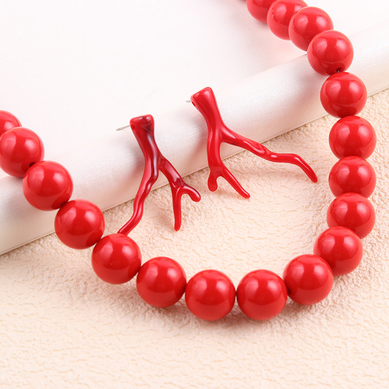 Wholesale  Tree Branch Acrylic Earrings Red Series Ball Bead Necklace Set