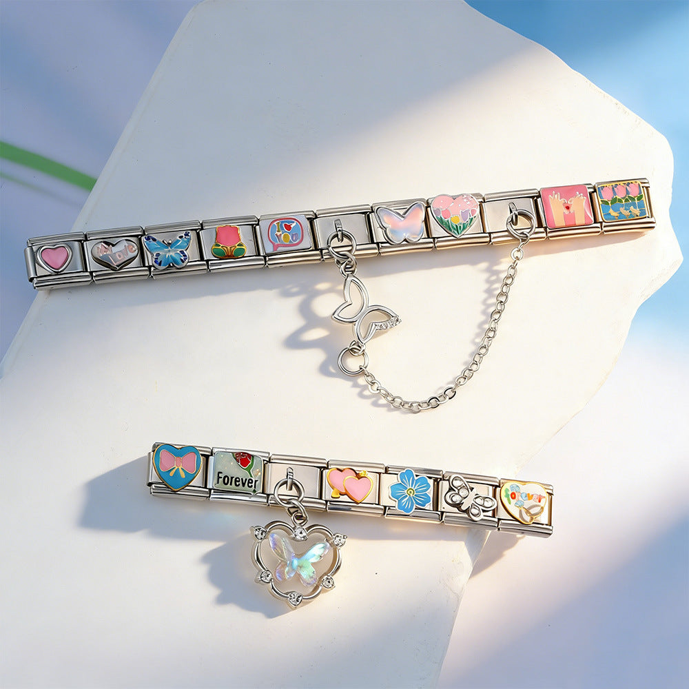 Wholesale Stylish DIY Welded Stainless Steel Module Bracelet Set with Oil-Drip Pattern and Butterfly Pendant Fashion Accessory