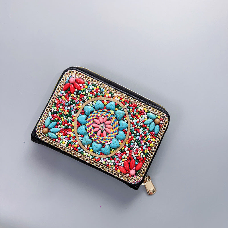 Wholesale Ethnic Retro Accordion Card Holder Handmade Rice Bead Bag Wallet ACC-WT-Mengs002