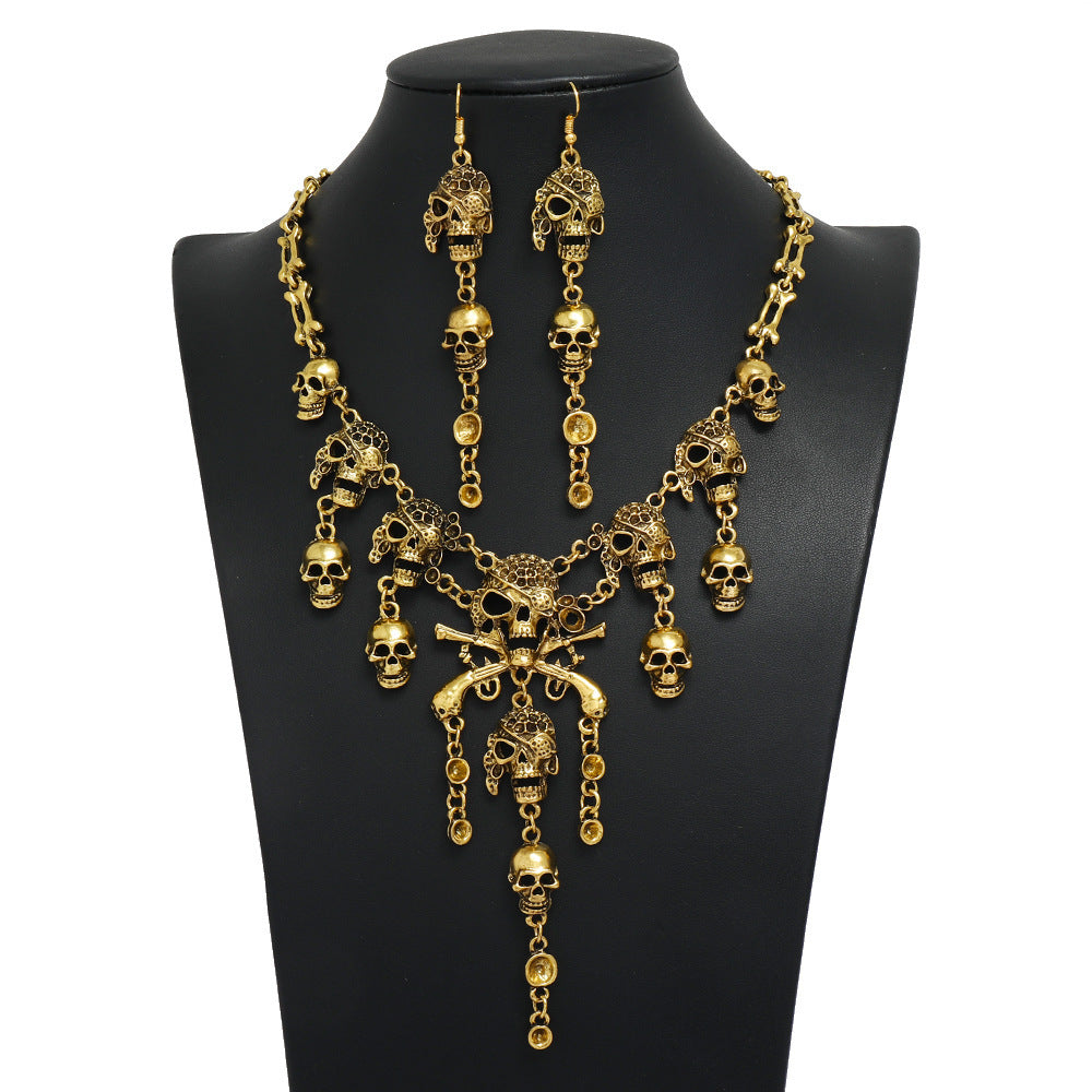 Wholesale  Skull Pirate Fringe Jewelry Set - Ancient Silver Alloy Earrings and Necklace,  Fashion Accessory for Boutique Resale