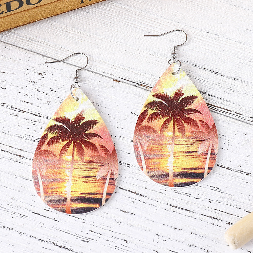 Wholesale  Ocean Wind Coconut Tree Beach Wave PU Double-sided Water Drop  Earrings