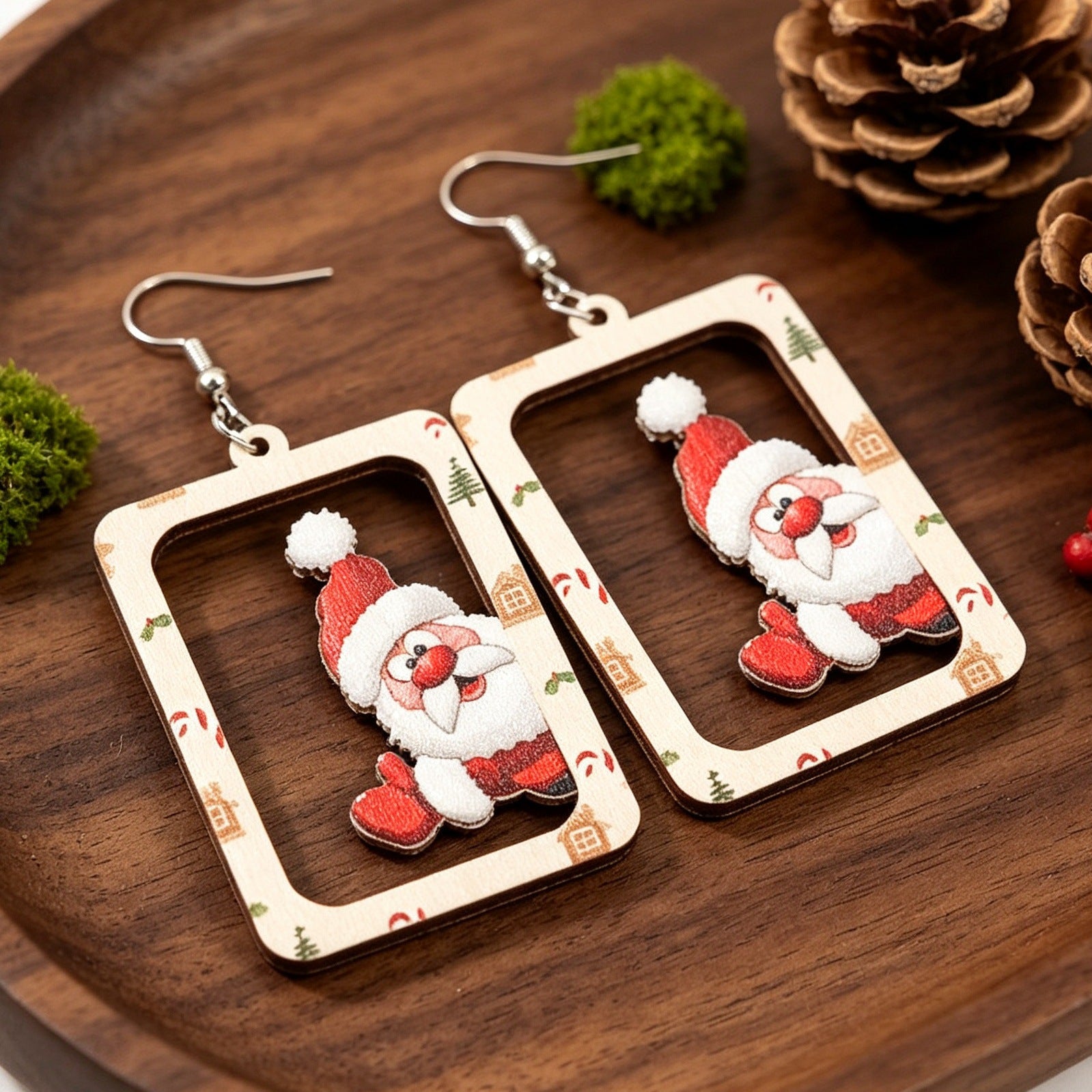 Wholesale Christmas Wooden Earrings Hollow Square Frame Santa Reindeer Print Party Jewelry Accessory