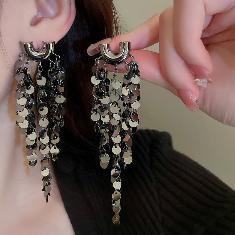 Wholesale Silver Needle U-Shaped Cluster Sequin Long Tassel Earrings