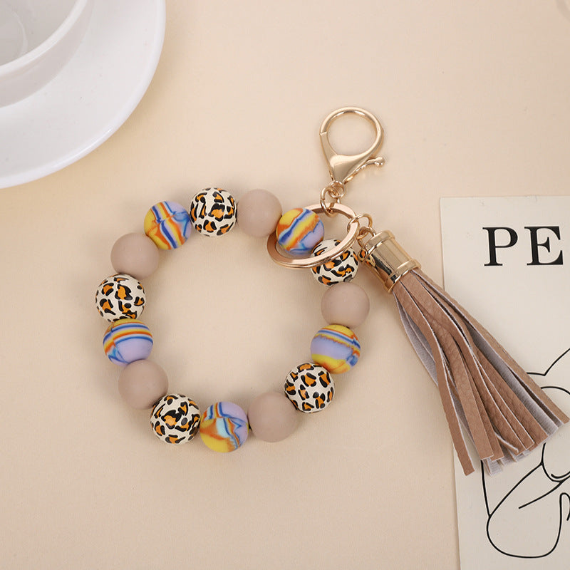 Wholesale Retro Silicone Bead Bracelet Keychain With PU Tassel Mint Green Geometric Print Chic Fashion Accessory For Everyday Use