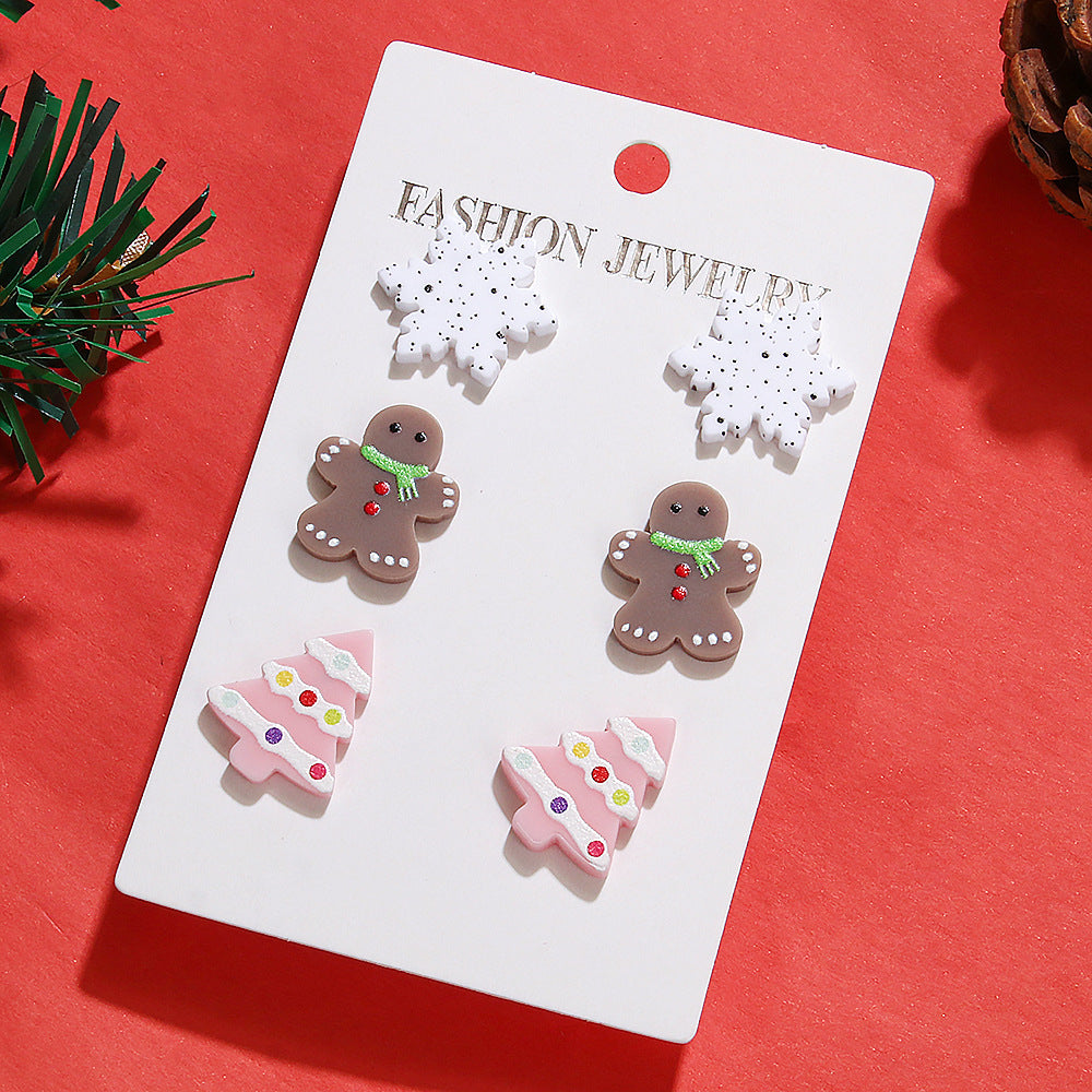 Wholesale  Acrylic Christmas Tree Gingerbread Man Snowflake Three-Piece Set Earrings