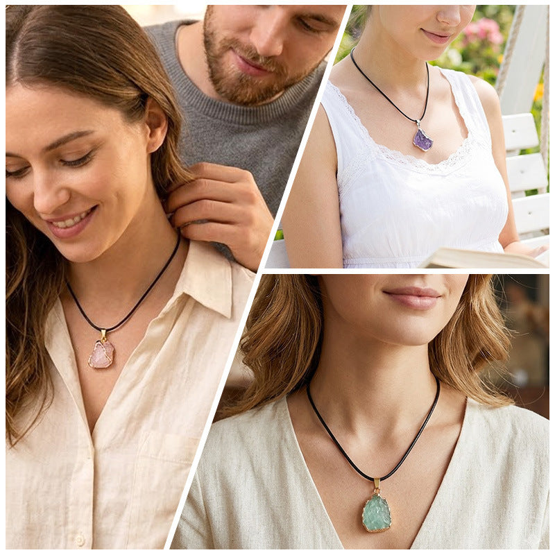 Wholesale Natural Crystal Raw Stone Pendant Necklace with Leather Rope Chain Irregular Hand-Hammered Electroplated Fashion Jewelry