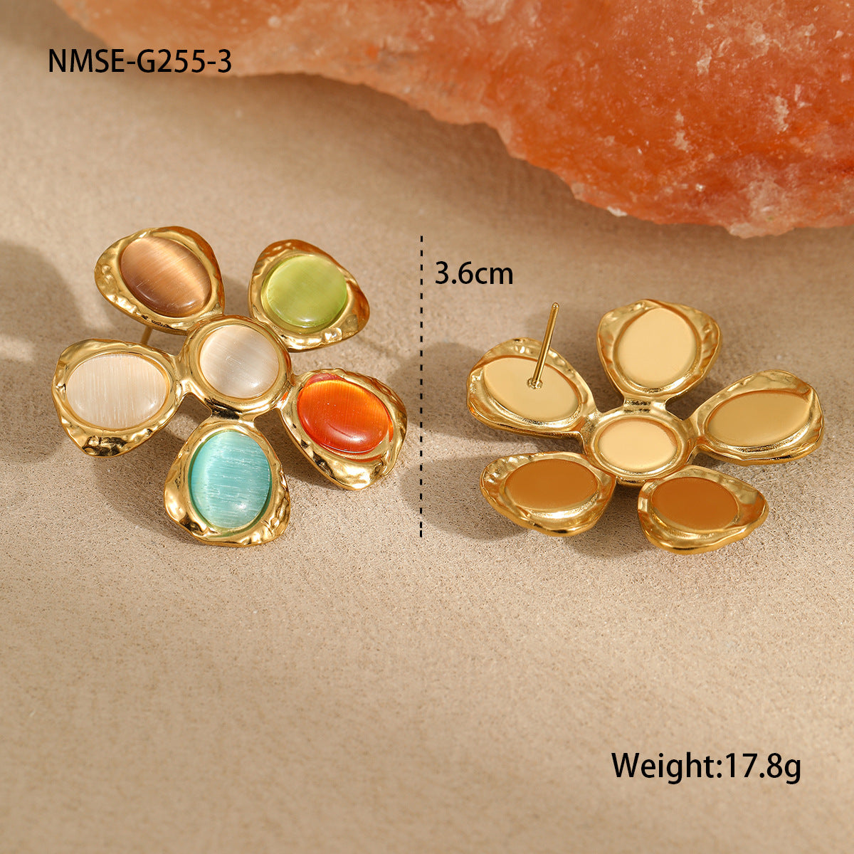 Wholesale 18K gold stainless steel  color cat's eye stone flower earrings necklaces