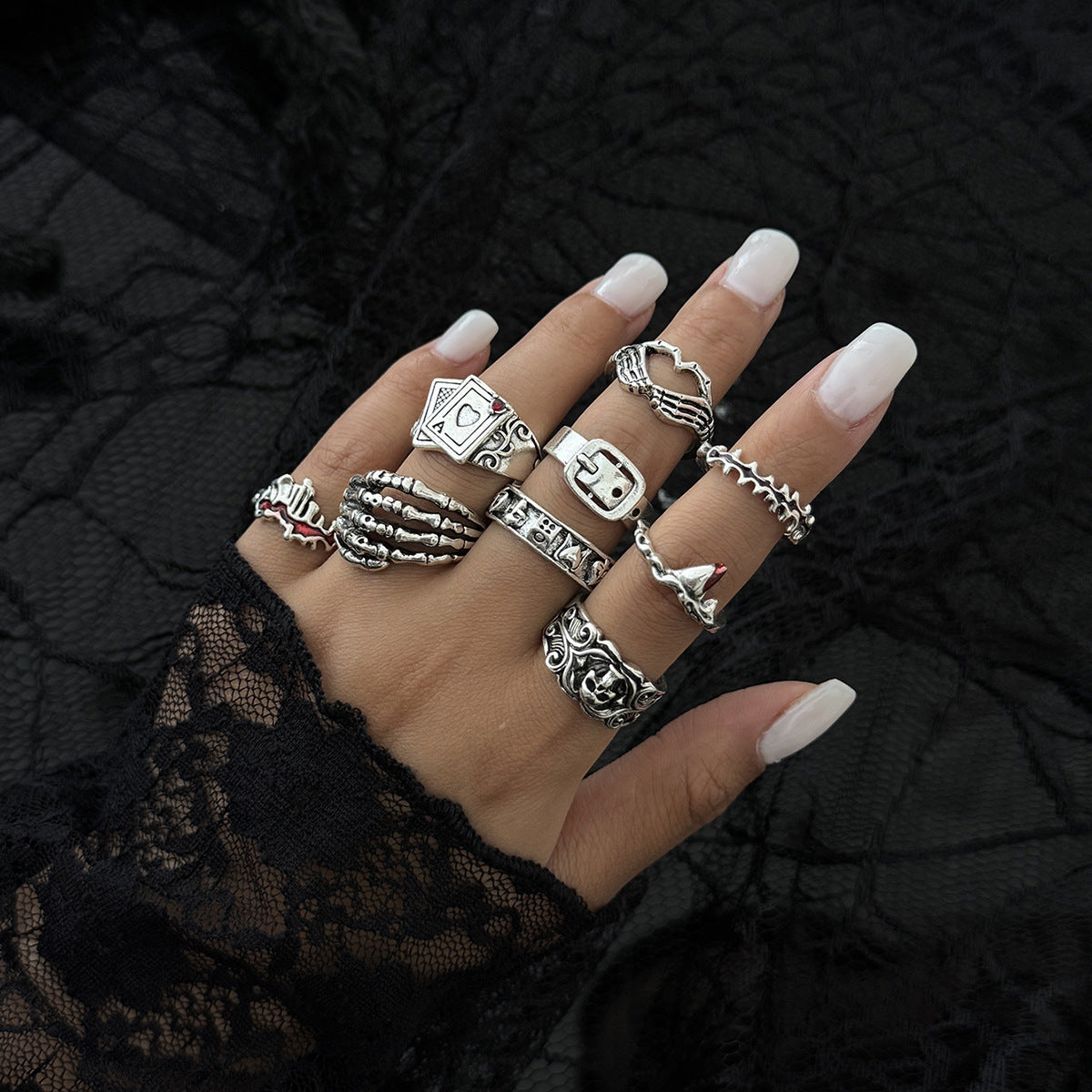Wholesale Alloy Antique Silver Ring Set  Gothic Snake Bat Motif Fashion Accessory