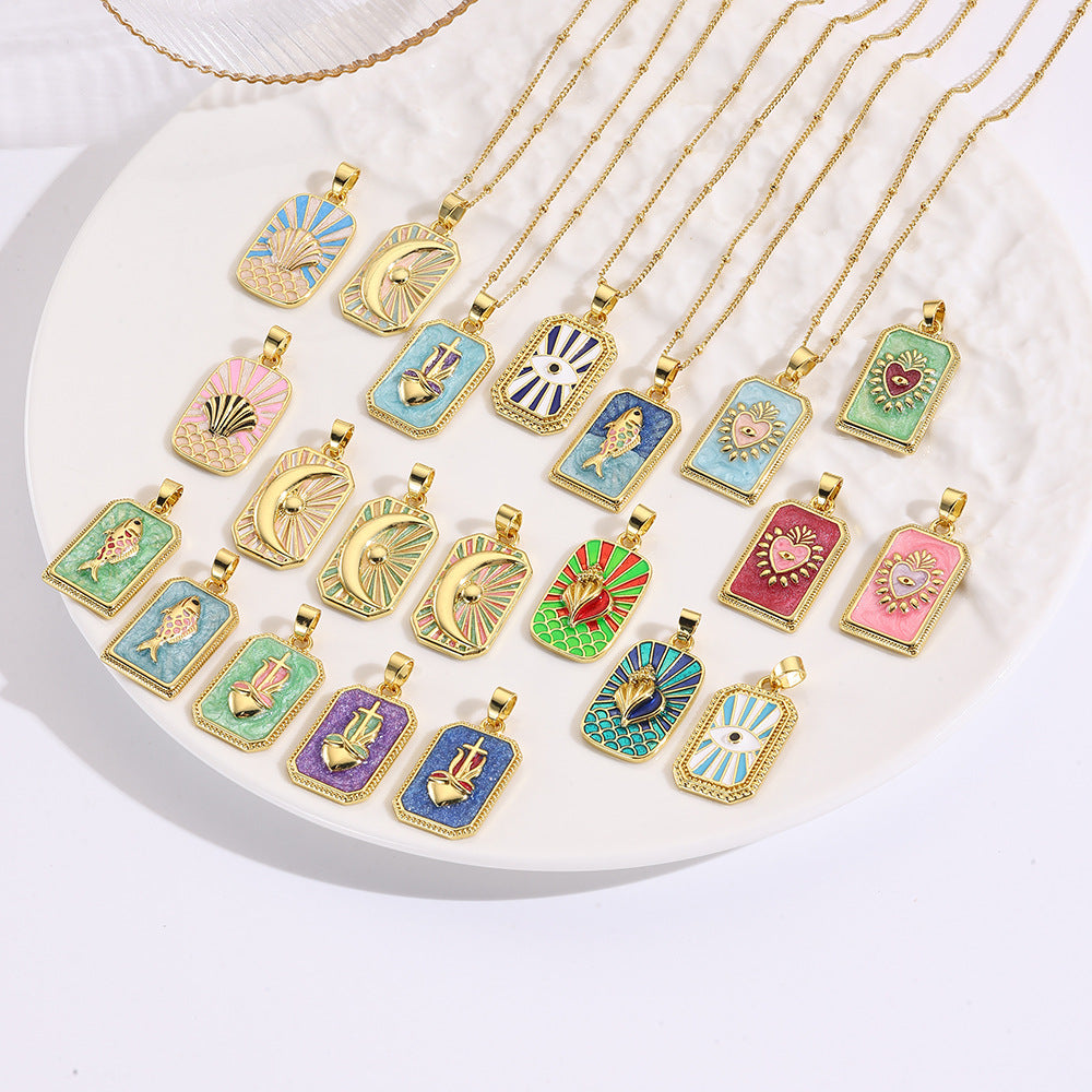Wholesale square color dripping copper love conch shell eye moon jellyfish tarot pendant necklace