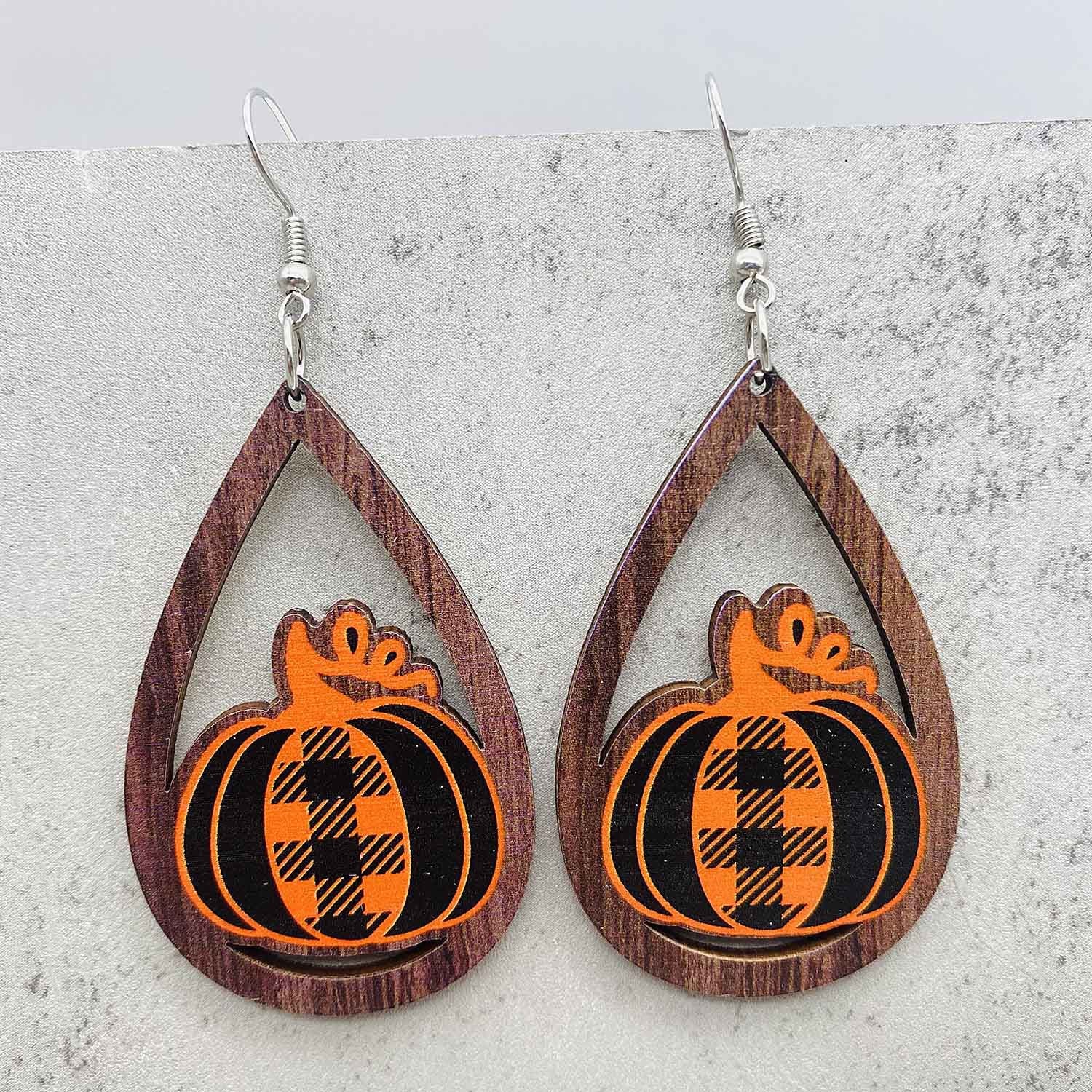 Wholesale  Thanksgiving Wooden Earrings Pumpkin Turkey Maple Leaf Print Drop Earrings