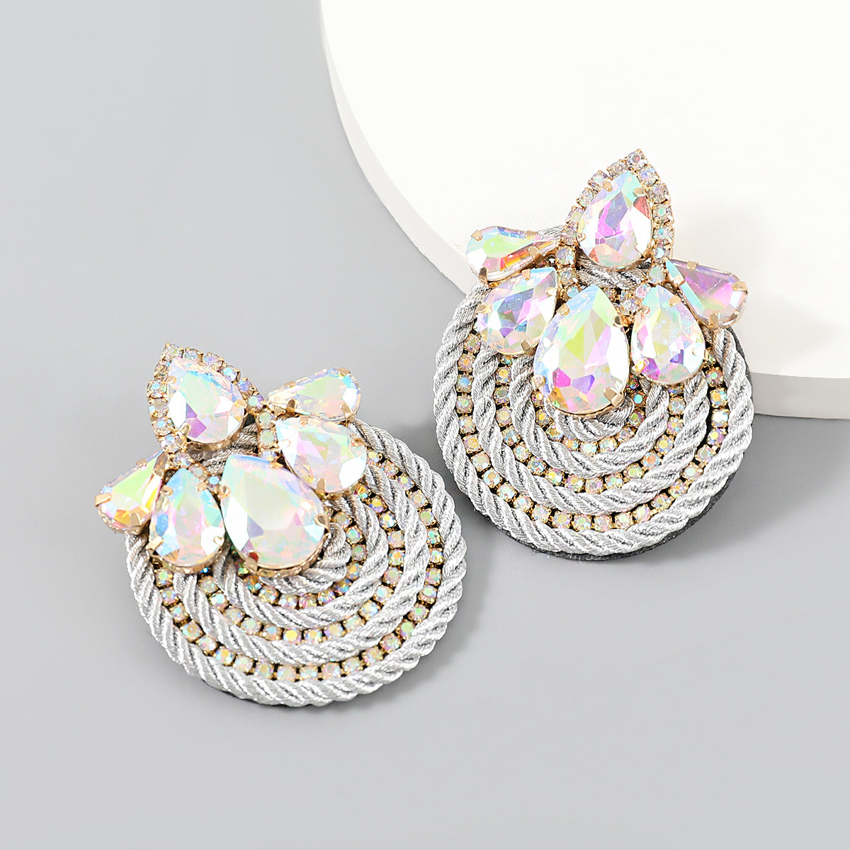 Wholesale  Exaggerated Alloy Diamond-encrusted Drop-shaped Glass Diamond Polyester Earrings
