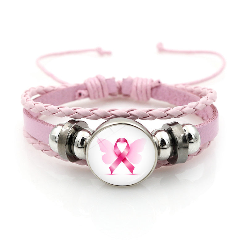 Wholesale Pink Ribbon Breast Consciousness Pink Leather Bracelet
