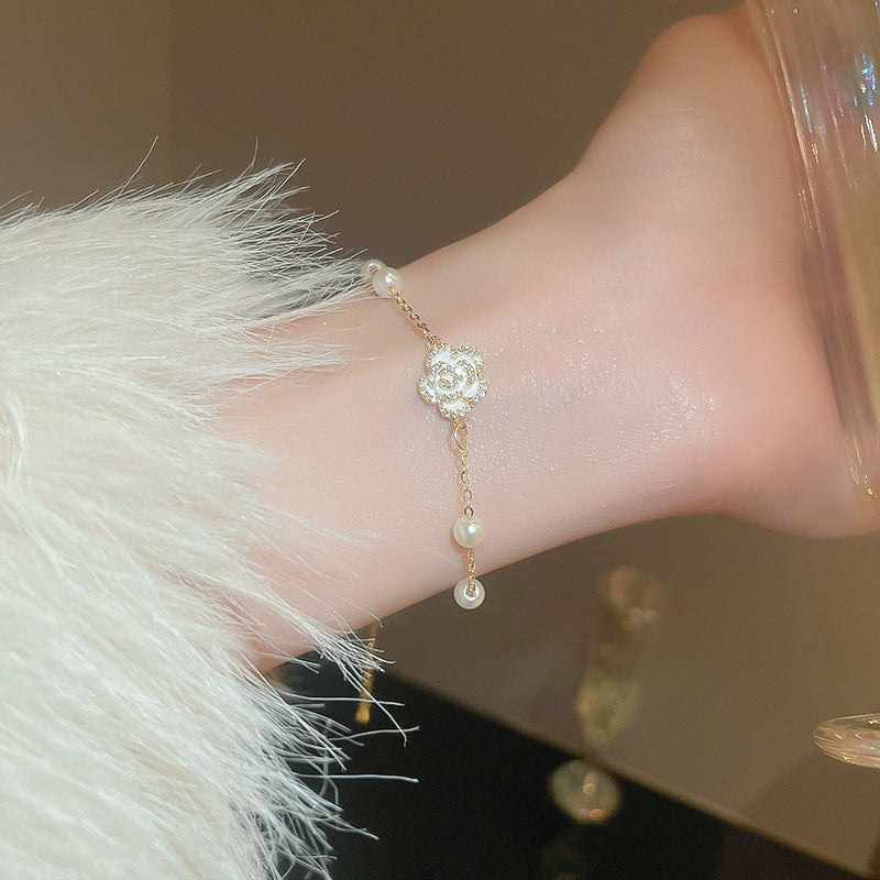 Wholesale drop oil camellia double row pearl bracelet