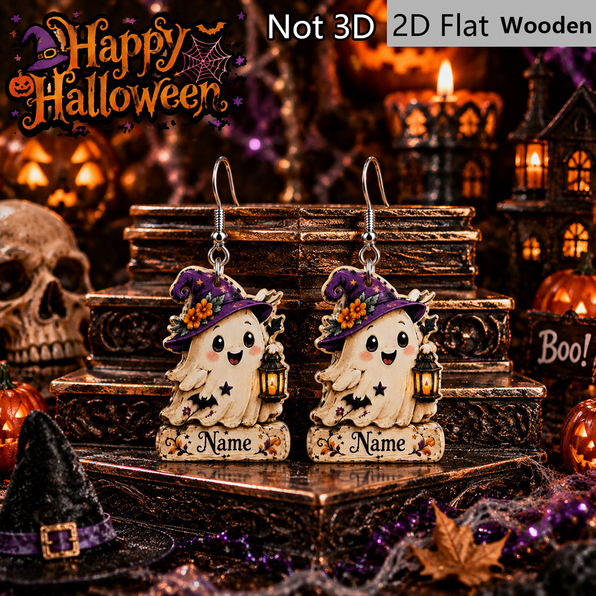 Wholesale Wooden  Earrings Purple Witch Hat Lantern Ghost Painted Retro Party Jewelry Accessory
