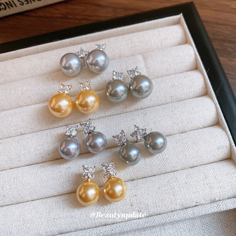 Wholesale Real Gold  Silver Needle Zircon Flower Pearl Earrings