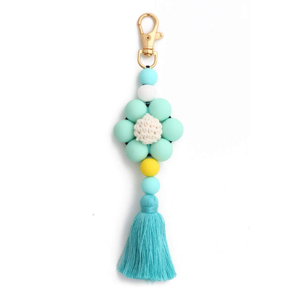 Wholesale Leopard Print Sunflower Solid Color Silicone Beaded Tassel Keychain