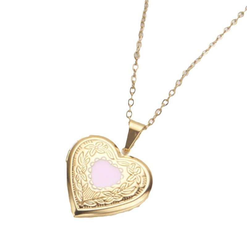 Wholesale stainless steel silver gold pink dripping oil can open heart-shaped necklace