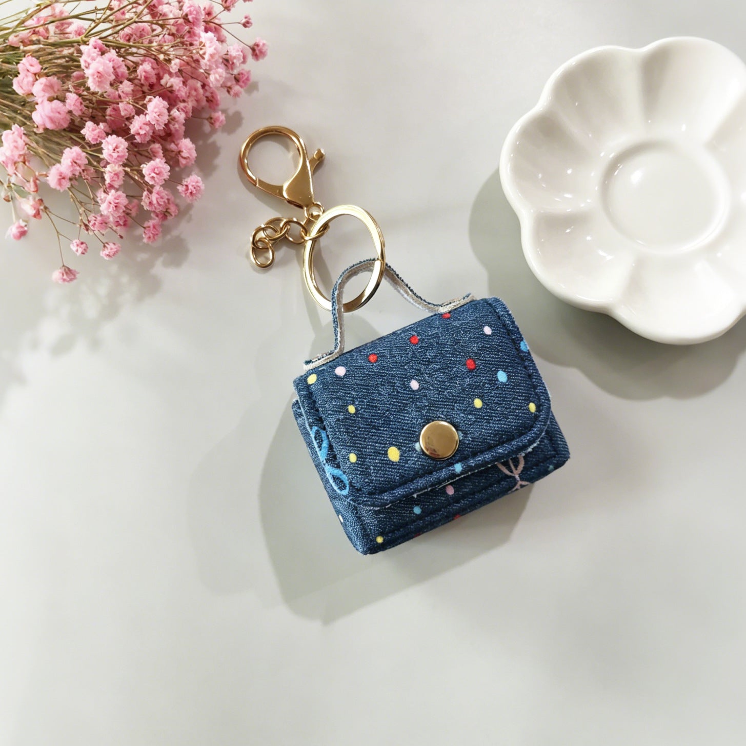 Wholesale Korean Style Denim Polka Dot Heart Earphone Case Cloth Pendant - Everyday Accessory