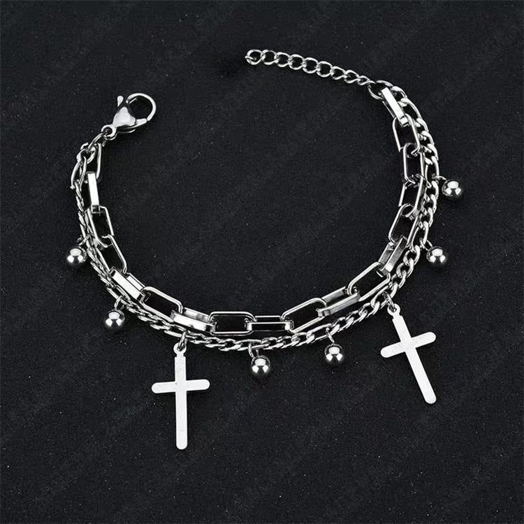 Wholesale Retro Cross Pendant Double-Layer Metal Alloy Bracelet Fashion Accessory