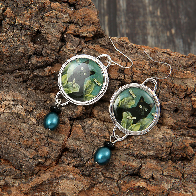 Wholesale Retro Cat Flower Earrings For Women Alloy Green Pearl Drop Pendant Party Jewelry Accessory Boutique Resale