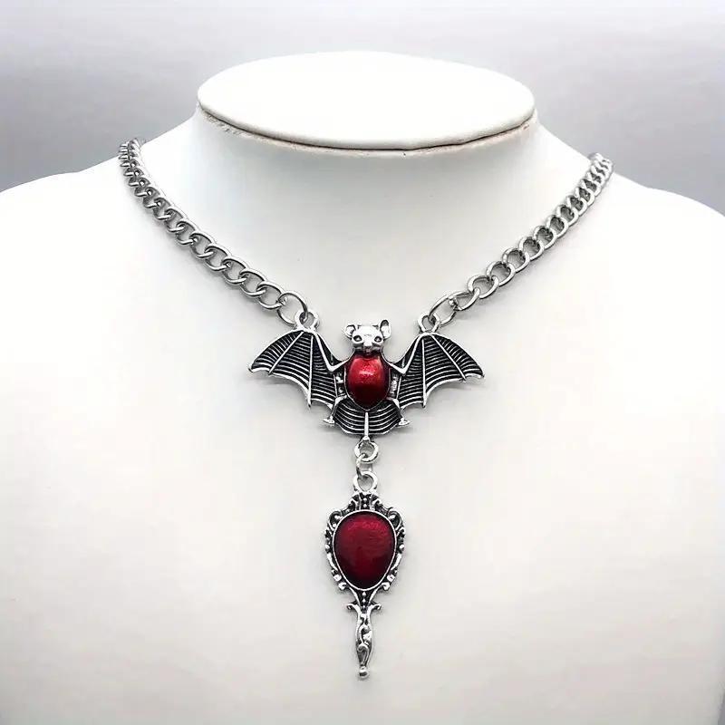 Wholesale Gothic Vampire Bat Pendant Necklace,  Red Blood Mirror Design,  Trendy Jewelry Accessory
