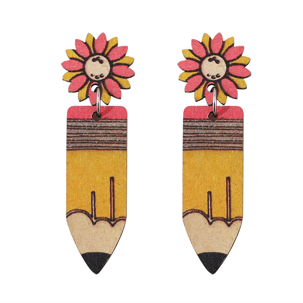 Wholesale Back to School sunflower pencil earrings graduation season wood earrings