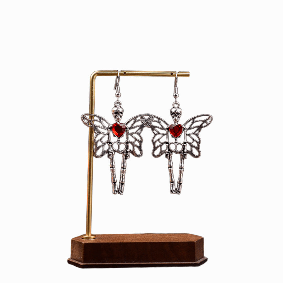 Wholesale  Exaggerated Skull Wings Ruby Earrings