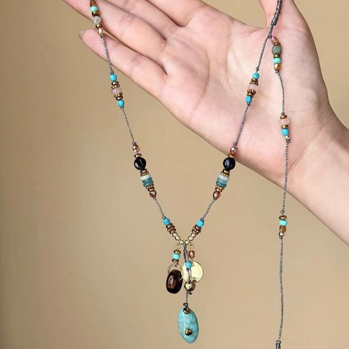 Wholesale Vintage Turquoise Pendant Long Necklace,  Bohemian Layering Jewelry,  Fashion Accessory for Women