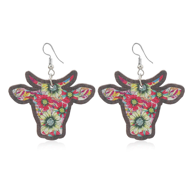 Wholesale Western Wind Cow Head Cow Pattern Leopard Pattern Sunflower Wooden Earrings