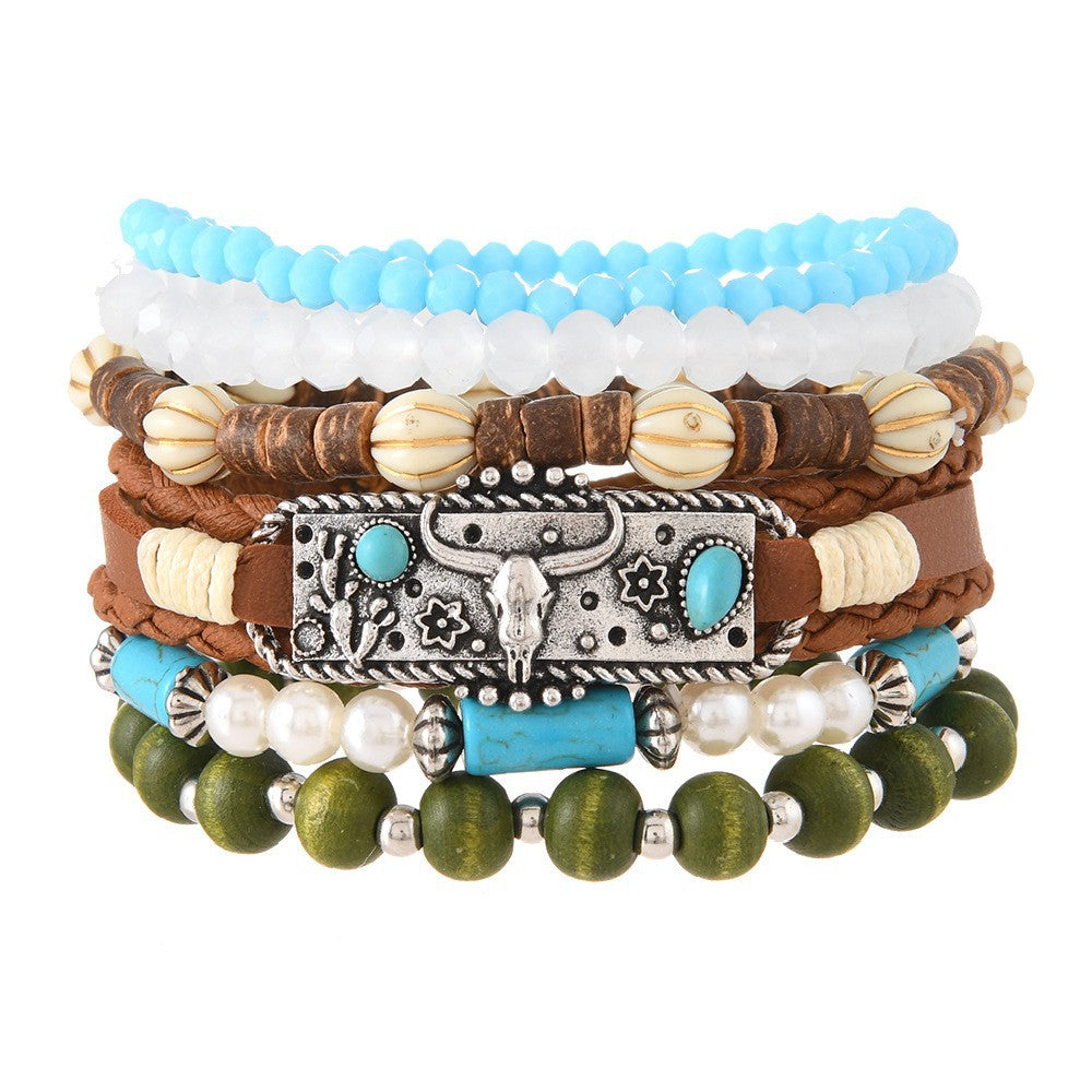 Wholesale Western style Layered Bracelet Set Turquoise Beaded Bracelet Leather Bracelet Jewelry