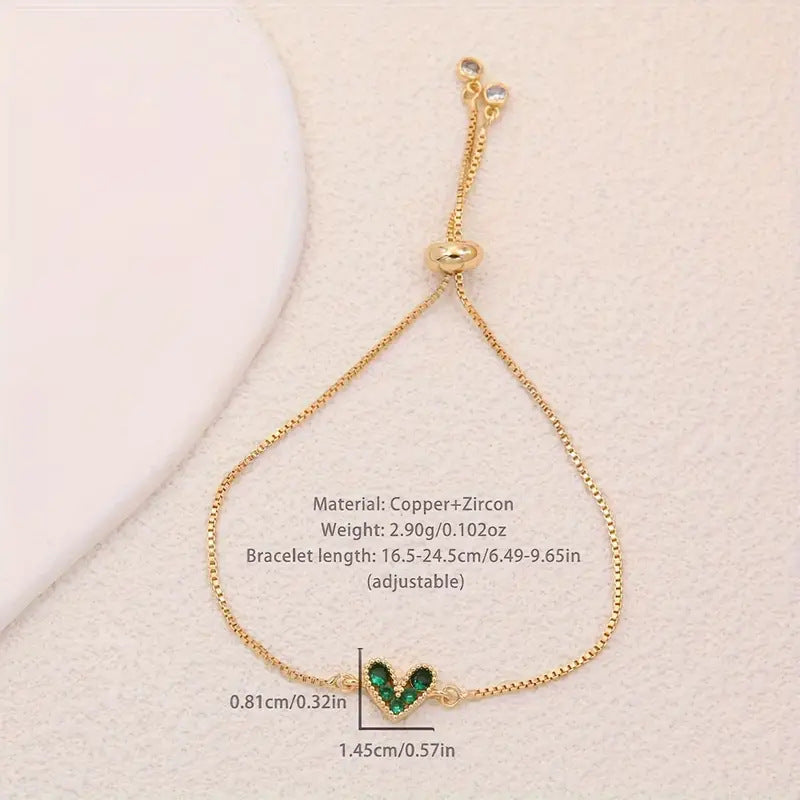 Wholesale Copper heart-shaped bracelet with zircon embellishments and adjustable sliding clasp