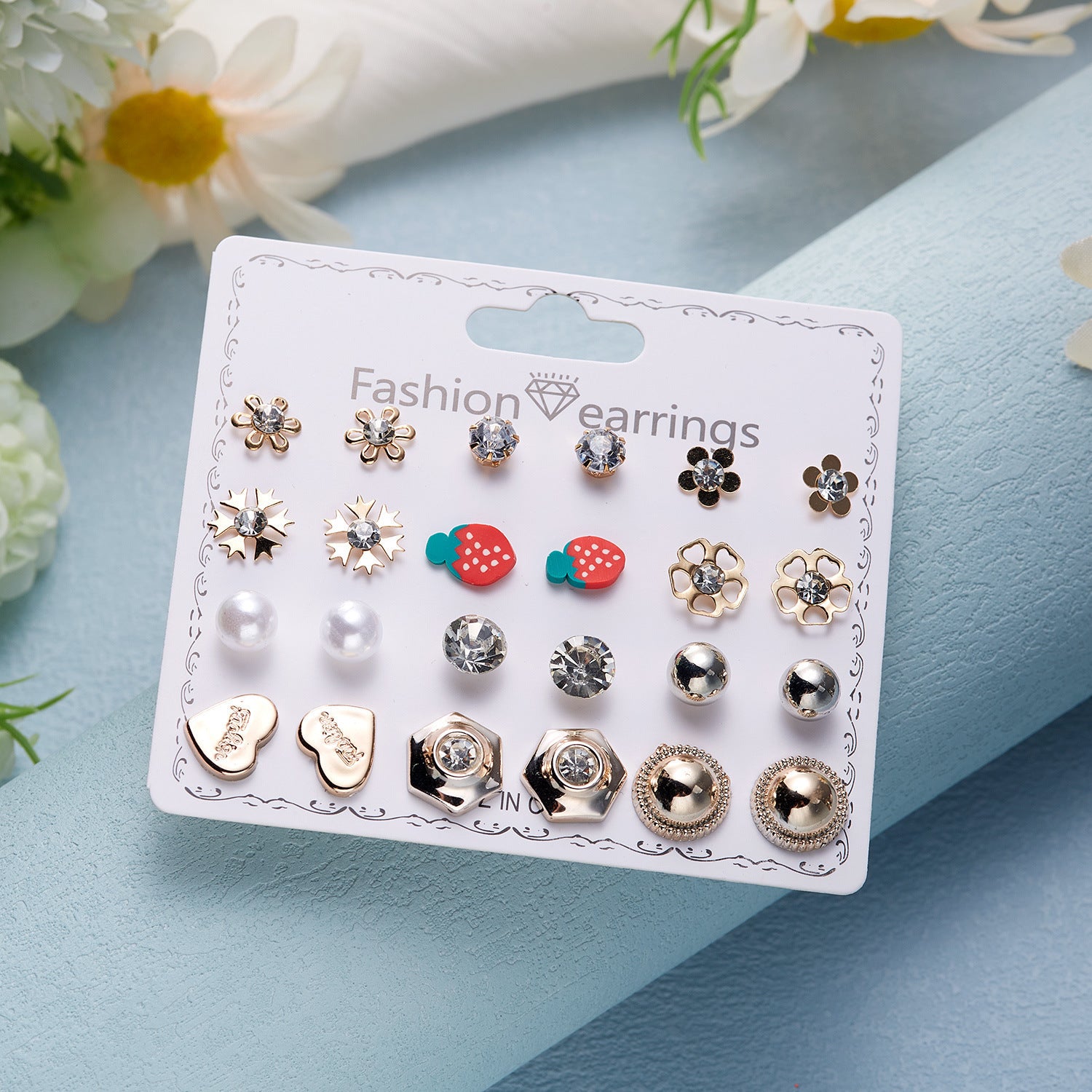 Wholesale December Combination Earrings 12 Pairs Flower Love Strawberry Diamond Earrings Set ACC-ES-Chuya002