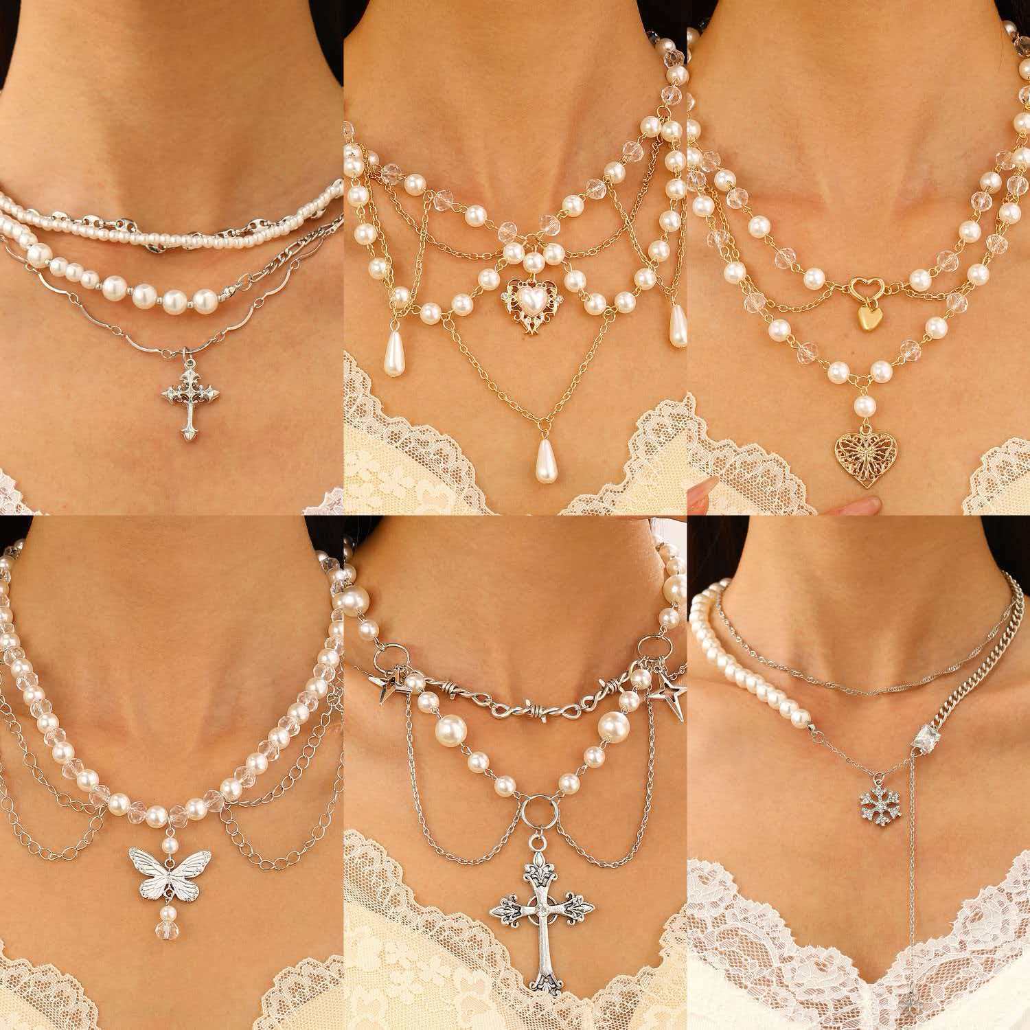 Wholesale Fashion Layered Imitation Pearl Cross Heart Butterfly Necklace Alloy Jewelry for Women
