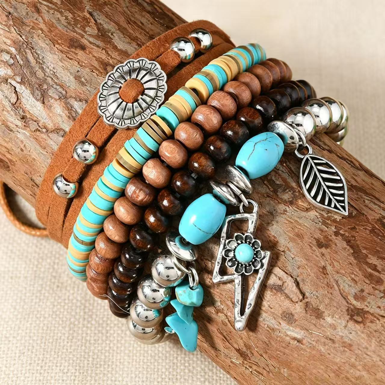 Wholesale 5-Piece Hand Knitted Wooden Bead Bracelets,  Turquoise &  Clay,  Unisex Everyday Wear