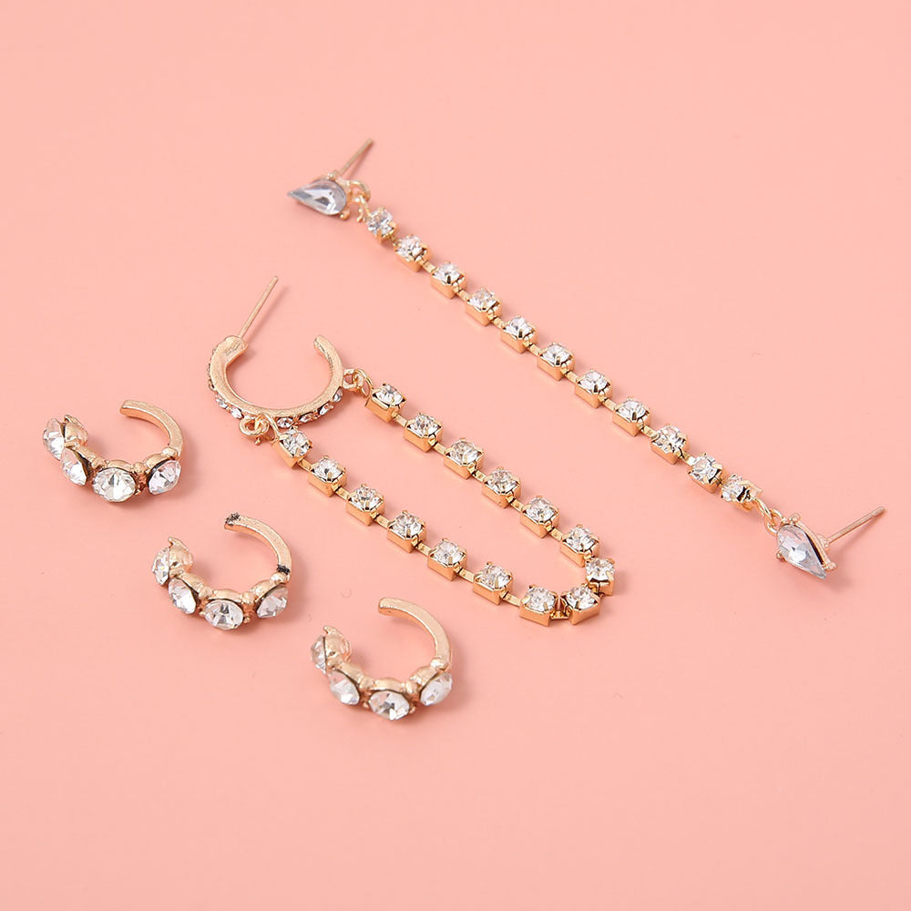 Wholesale  horse eyes sparkling rhinestone claw chain tassel C- shaped 5-piece suit earring