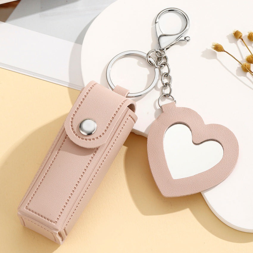 Wholesale creative leather pendant portable lipstick bag keychain makeup mirror mini key storage bag